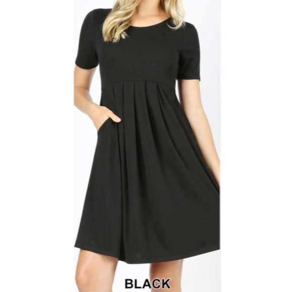 PREMIUM PLEATED WAIST SHORT SLEEVE DRESS - Picture 1 of 3